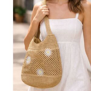 A New Day Straw Crochet Daisy Bag Tan Boho Beach Shoulder Tote Summer